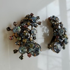 Multi Color Glass Rhinestone Clip Earrings Flower Ear Climber Crescent READ