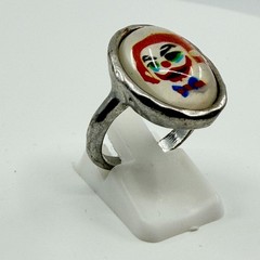 Vintage Y2K Silver Tone Sad Clown Oval Cabochon Ring Retro Kitsch Size 7 Classic
