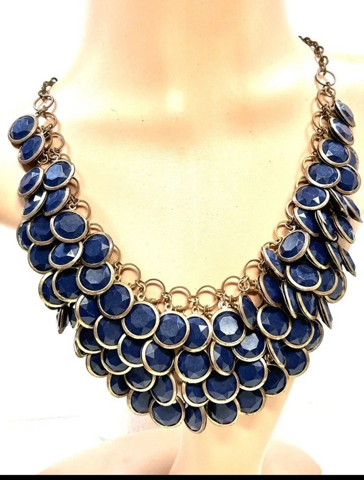 Vintage Blue Disc Gold Tone Brass Ring Layered Bib Collar Statement Necklace 19”