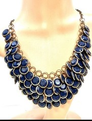 Vintage Blue Disc Gold Tone Brass Ring Layered Bib Collar Statement Necklace 19”