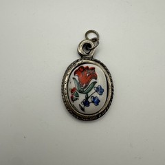 Vintage Ceramic Floral Pendant Silver Tone