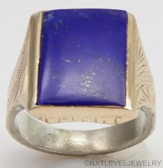 HEAVY 10.6 GRAM Antique Art Deco Natural Lapis Solid Silver & 14k Gold Mens Ring
