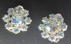Vintage Gold Plated AB And Pale Blue Crystals Floral Clip-ons