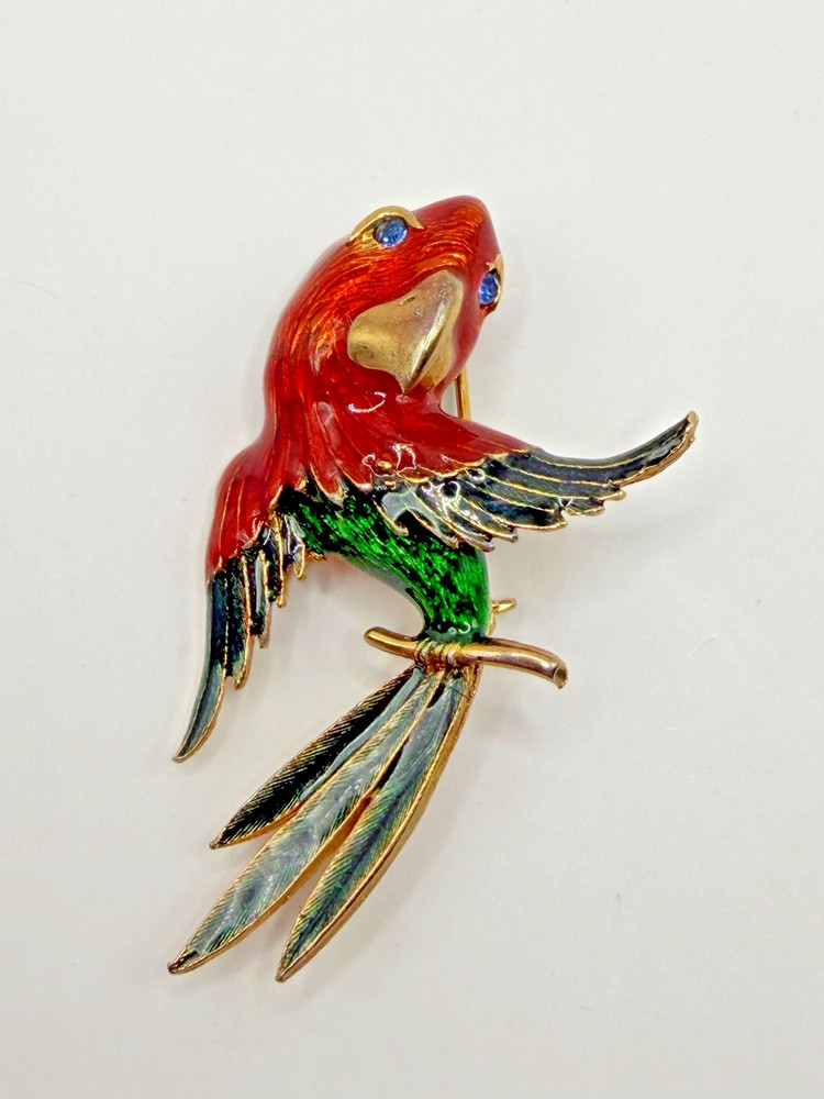 VINTAGE GOLD PLATED ENAMEL PARROT BROOCH BLUE RHINESTONE EYES