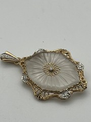 14K Solid Gold Art Deco Camphor Glass Diamond Filigree Pendant Brooch Pin 1.5″