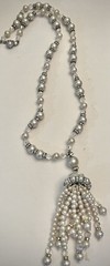 Vintage Long Faux Pearl Flapper Necklace/Crystals/Roundels w/Rhinestones/Tassel