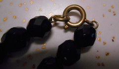 Antique Black Faceted Glass Beads Strung on Fine Gold Chain Necklace 24″