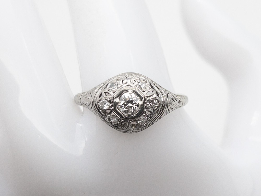 Antique 1920s $3000 .75ct Old Euro VS G Diamond 19k White Gold Filigree Ring