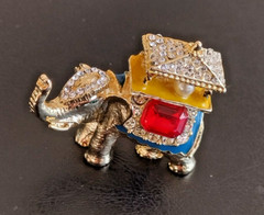 Elephant Brooch Gold Tone, Rhinestones, 2 Fauz Pearls, Green Eye, Blue Enamel