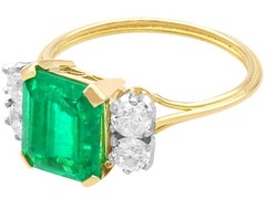 Antique 2.21Ct Emerald and 0.60Ct Diamond, 18k Yellow Gold Ring Circa 1935