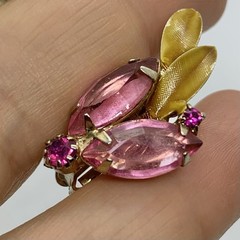 Vtg Midcentury Pink Marquise Rhinestone Yellow Enamel Climber Earrings Clip Claw