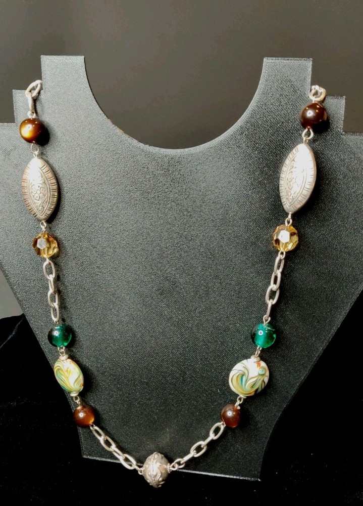 Vintage Silver Tone Etched, Brown And Teal Swirl Coin Art Glass & Plastic Beads