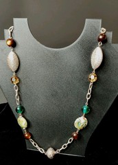 Vintage Silver Tone Etched, Brown And Teal Swirl Coin Art Glass & Plastic Beads