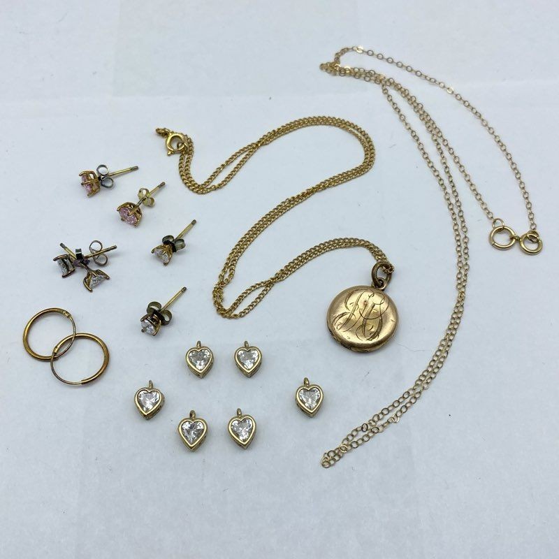 Vintage 12K Gold Filled Jewelry Lot Monogram Locket Heart Pendants Earrings 9g