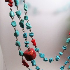 Blue Turquoise Red Coral Nugget 3 Strand Adjustable Length Western Necklace