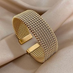Vintage Weave Gold Cuff Bracelet Women Stainless Steel Chunky Bangle Waterproof