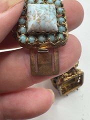 Vintage CZECHO Czech Faux Turquoise Glass Filigree Panel Bracelet 7.5”