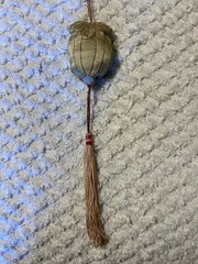 VINTAGE SATIN / SILK? ASIAN EMBROIDERED POUCH NECKLACE WITH TASSEL