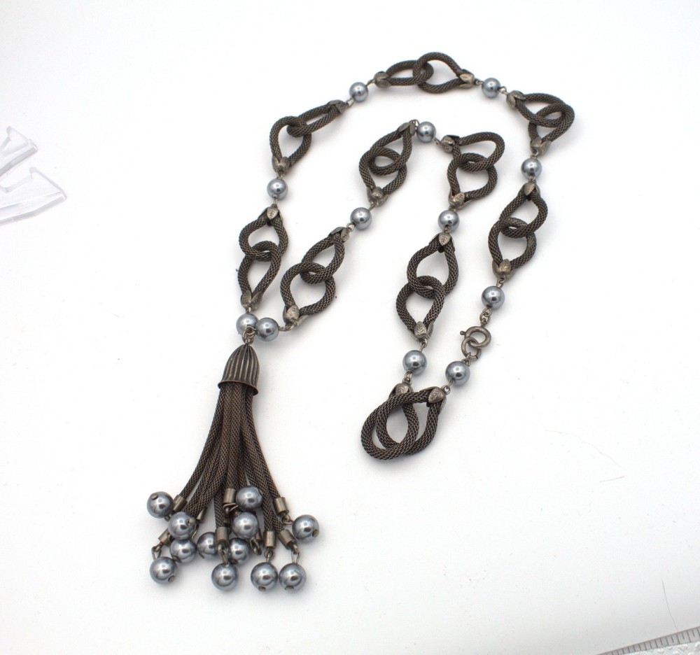 Gun Metal Link Woven Chain Link Gray Faux Pearl Fringe Long Pendant Necklace