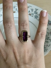 Vintage 18KT HGE Gold Plated Cocktail Ring, Emerald Cut Purple Glass size 6
