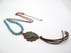 Vintage Natural Leather Howlite Stone Cactus Rose Gold Tone Long Necklace