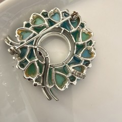 Vintage Signed LISNER Blue Green Thermoset Heart Brooch Mid Century Lucite Pin