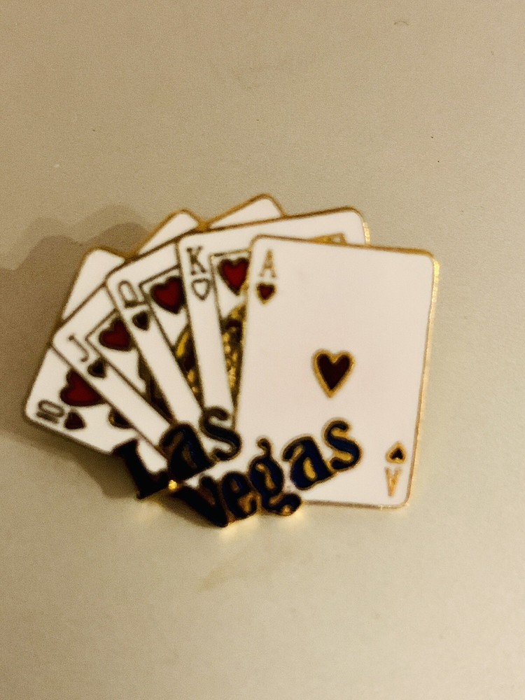 Vintage LasVegas Royal Hearts Flush Playing Cards, Gold Tone Enamel Souvenir Pin