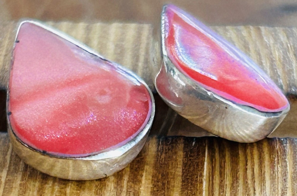 Vintage Mexican Tear Drop Sterling Silver Post Earrings With Pink Resin 4.08 Gr