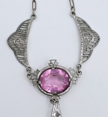 Antique Art Deco Lavalier Pendant Necklace Pink Glass Filigree Edwardian