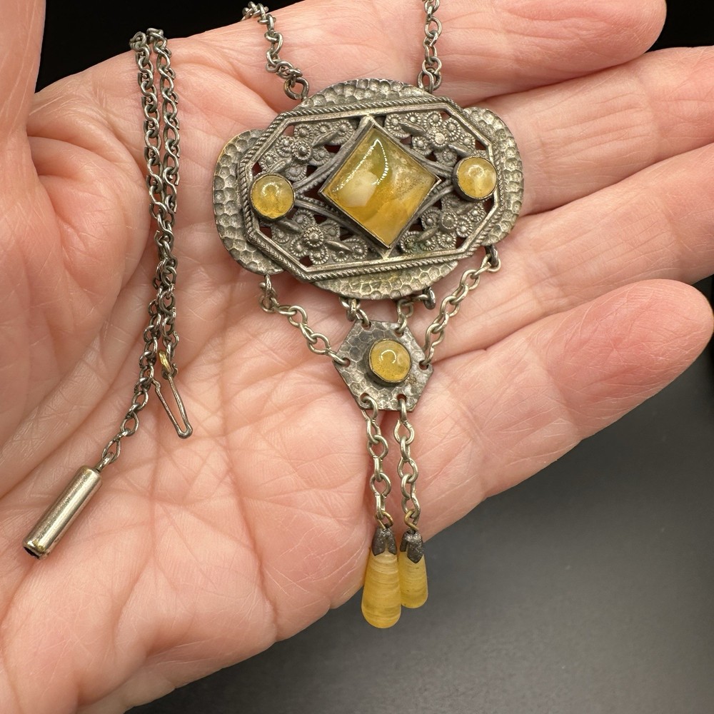 Vintage Art Deco Style Necklace Glass Filigree Pendant Drop Fringe