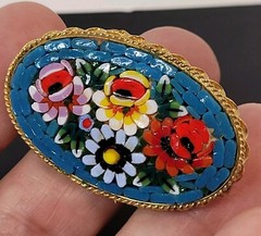 Italian Mosiac Flower Brooch Aqua Background Multicolor Flowers Italy 1.75″