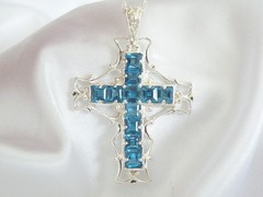 Large Sterling Silver 925 Heated London Blue Topaz Cross Pendant Necklace