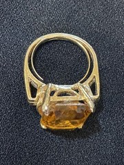 Vintage 18K Yellow Gold HGE & Giant Emerald Cut Faux Citrine Ring-Adjustable