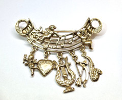 Vintage Dangle Charm Brooch Cupid Cherub Heart Arrow Lyre Musical Pin