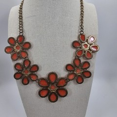 Vtg Orange Daisy Flower Statement Necklace Floral Acrylic Cabochon Collector