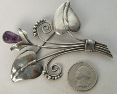 Modernist Vintage Sterling Handwrought Handmade Fllower Cabochon Amethyst Pin