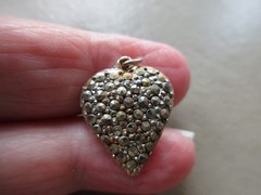 ANTIQUE VINTAGE OLD SILVER TONE MARCASITE LOVE HEART FOB CHARM PENDANT NECKLACE