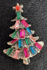 Rhinestone Christmas Tree Brooch Pink Green Blue Retro Holiday Pin