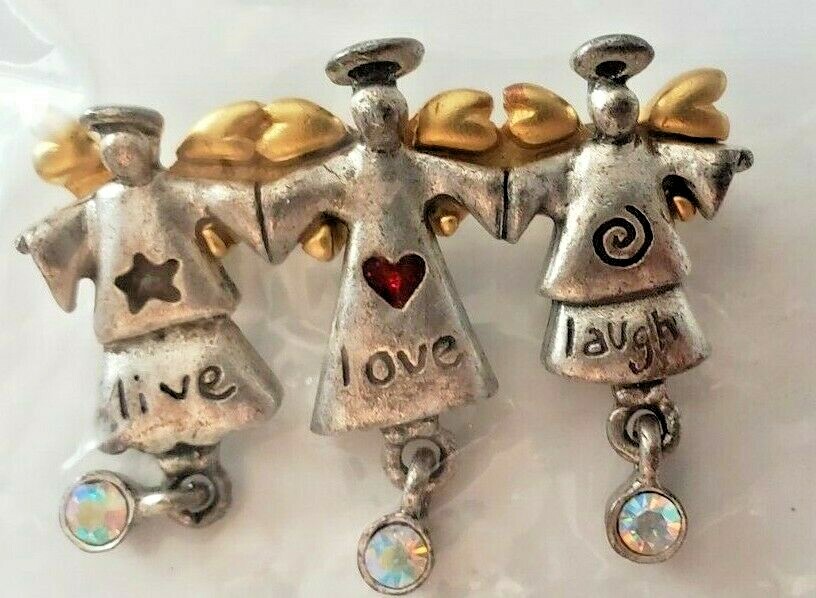 3 Angels – Live, Love, Laugh – Vintage Pin – Brooch AJMC – Pewter