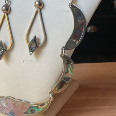 Vintage Alpaca Mexican Inlayed Mother Of Pearl Abalone Necklace And Earrings