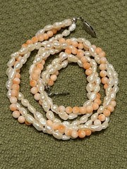 ESTATE TWISTED 3 GENUINE CORAL ORANGE AND PEARL NECKLACE SILVER TONE 16”