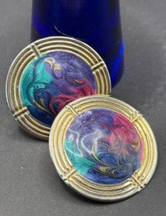 Vtg 1980s Earrings 1) Round Purple/Green/Fushia Swirl 2) Square Pastels Swirl
