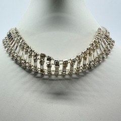 Vintage Mid Century Clear Rhinestone Baguette Choker Necklace Silver Tone Wide