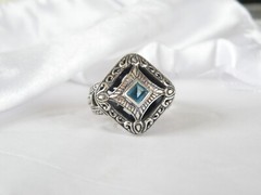 Sterling Silver 925 Heated Blue Topaz Etruscan Style Ring Size 9