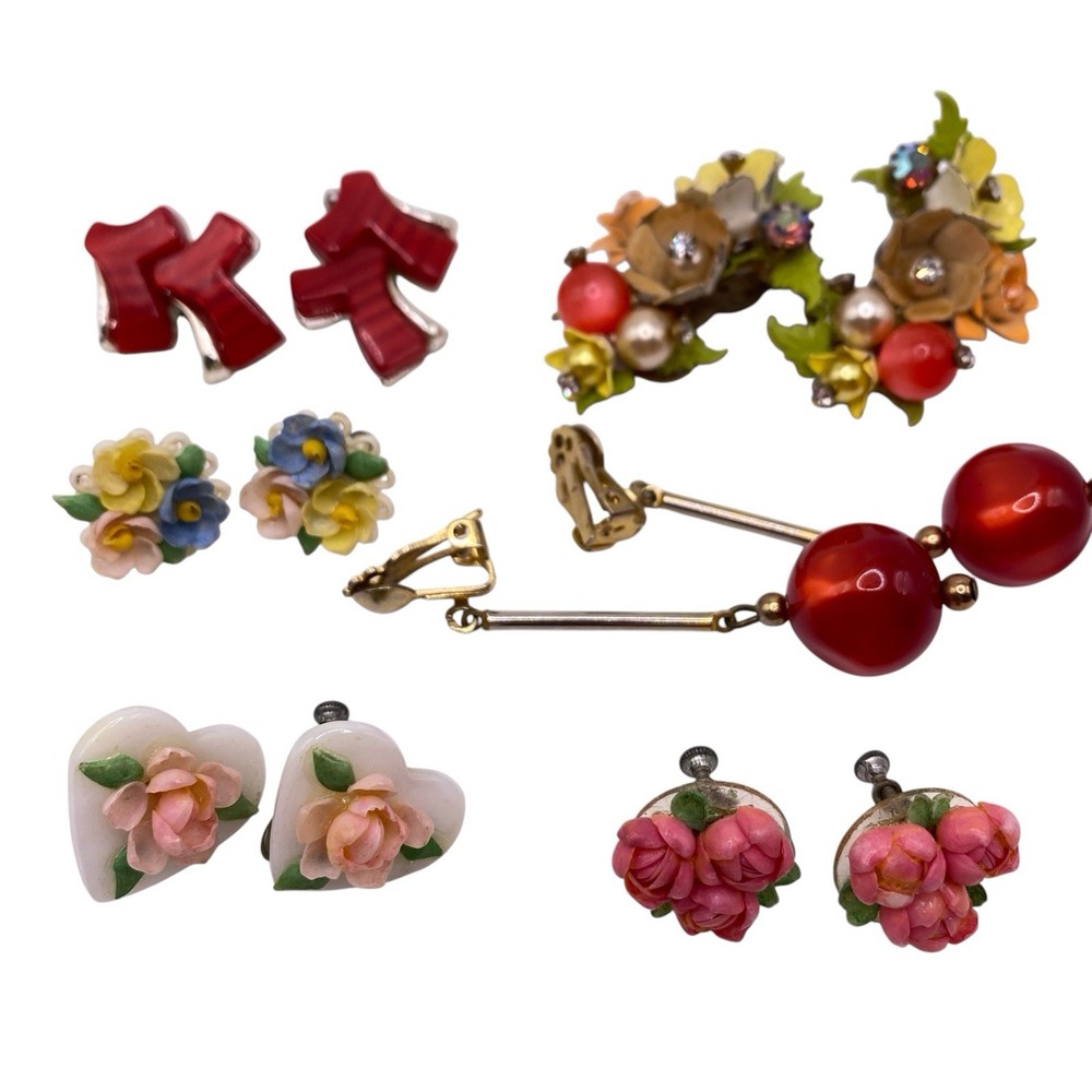 Lot of 6 Pair Clip on Earrings Vintage Thermoset Moonglow Fruit Flowers Jewelry