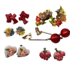 Lot of 6 Pair Clip on Earrings Vintage Thermoset Moonglow Fruit Flowers Jewelry