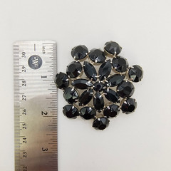 Vintage Black Glass Rhinestone Flower Brooch Pin Silver Tone Art Deco Style