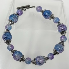 Purple Blue Crackle Glass Bead Bracelet Silver Filigree Caps Handmade 9”