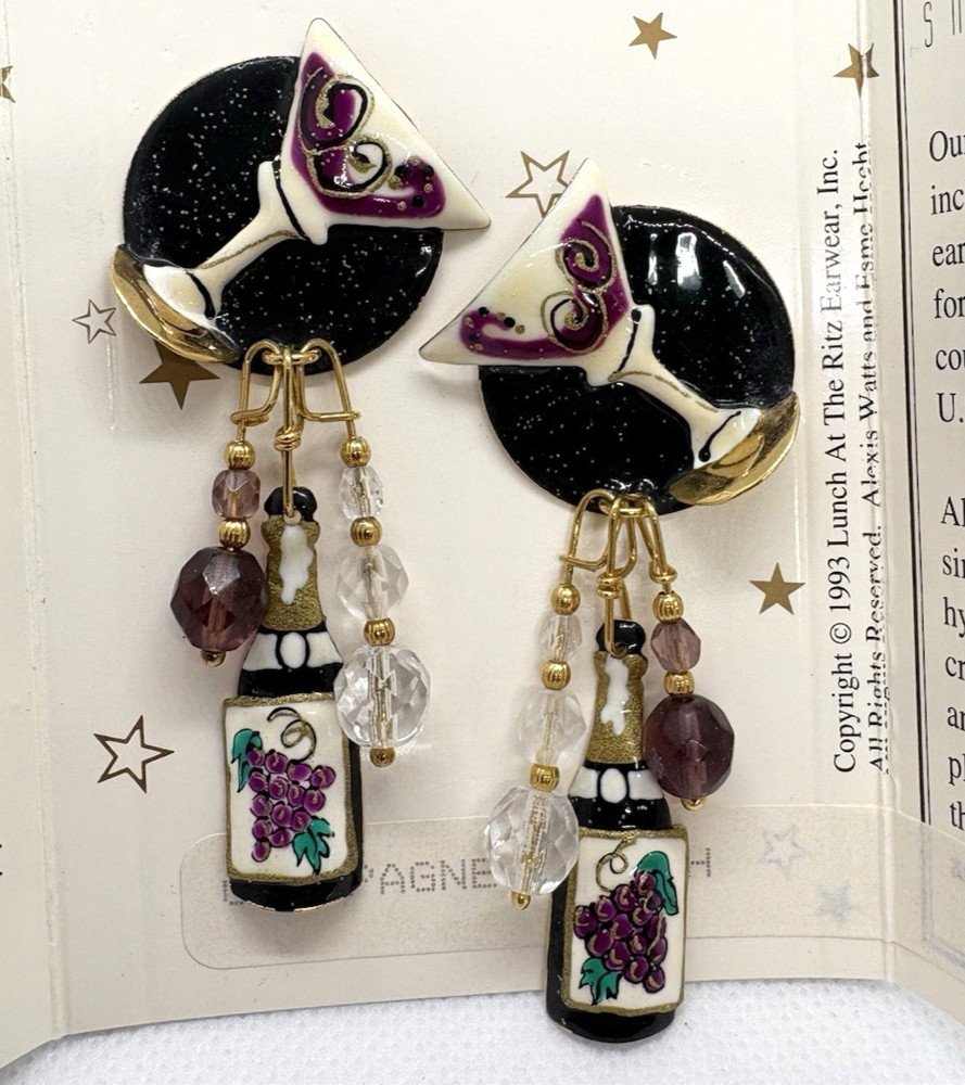 Vintage Lunch at The Ritz Champagne Brunch 24KT Gold Plated Pierced Earrings ’93