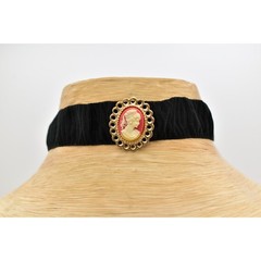 Vintage Cameo Choker Necklace Pendant Black Ribbon Fabric Gold NOS 1990s A23